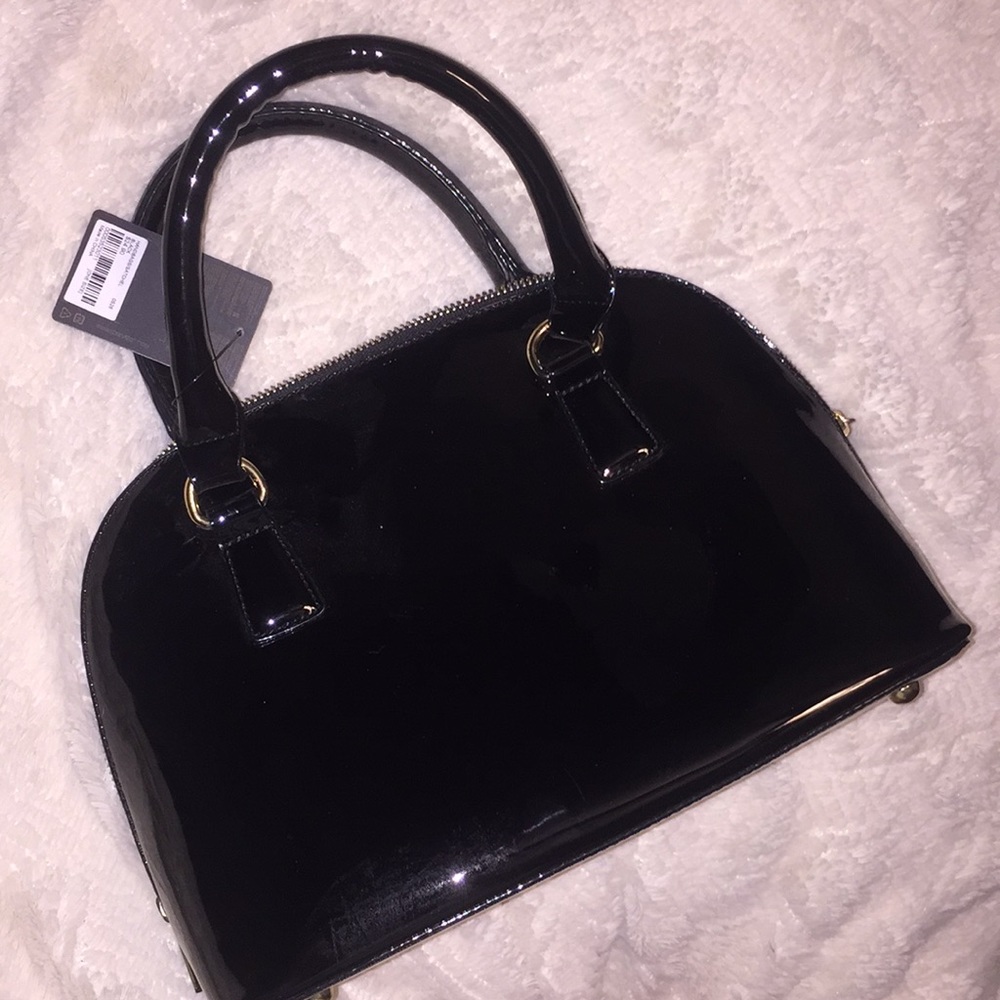 Faux patent leather bowler bag